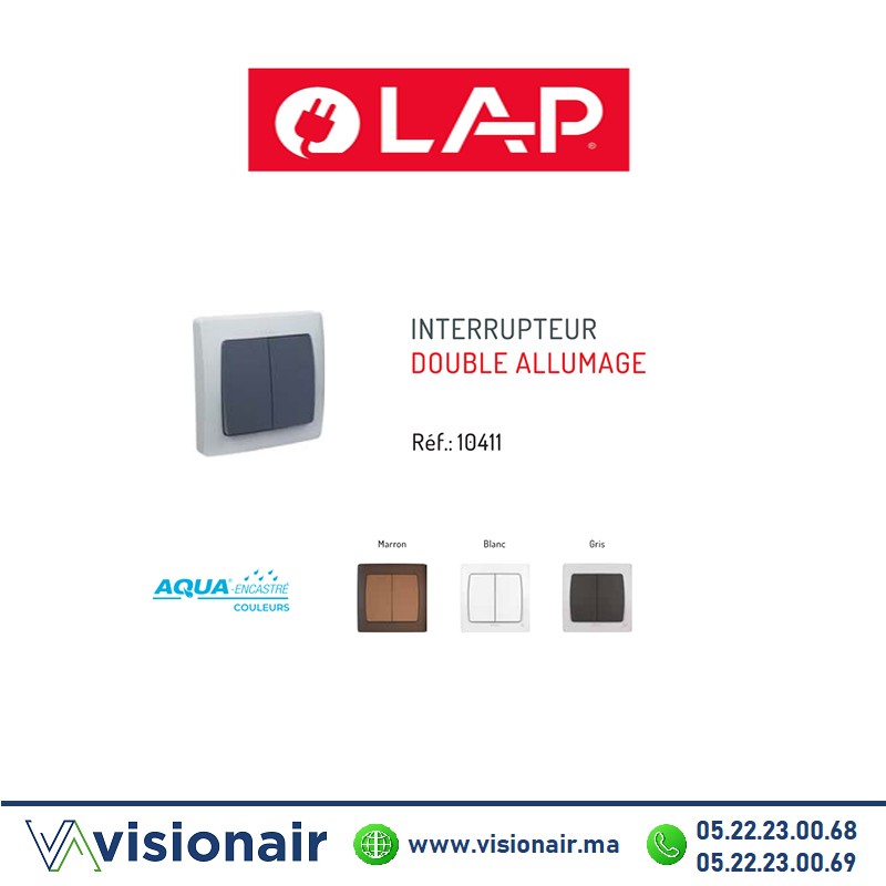 [LAP10411GR] Interrupteur double étanche LAP AQUA encastré Gris Foncé 10411GR