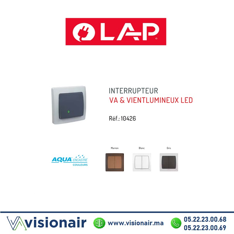 [LAP10426GR] Interrupteur va & vient lumineux LED étanche LAP AQUA encastré Gris Foncé 10426GR