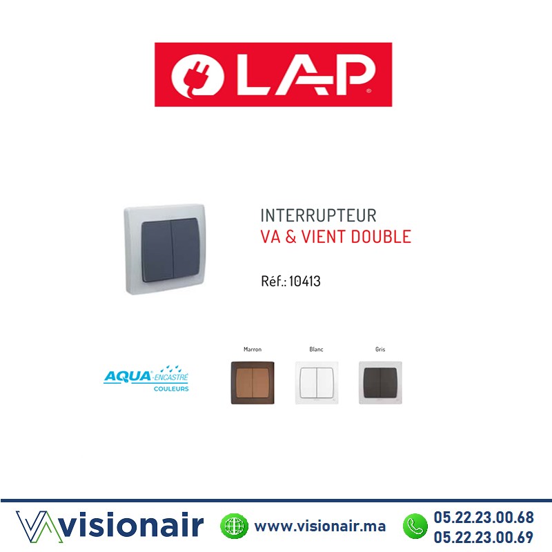 [LAP10413GR] Interrupteur va & vient double étanche LAP AQUA encastré Gris Foncé 10413GR