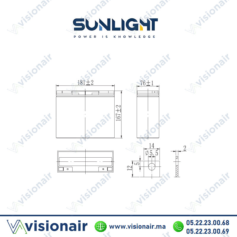 Batterie onduleur SUNLIGHT 12V 18AH SPA étanche VRLA AGM Casablanca Maroc
