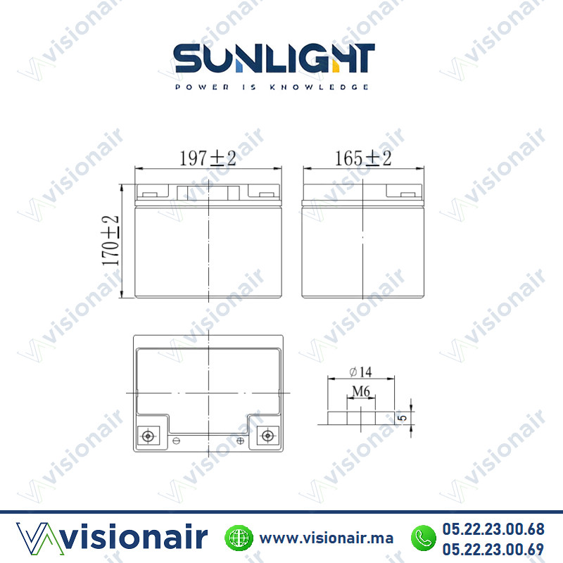 Batterie SUNLIGHT 12V 50AH 211W SPHR étanche VRLA AGM Casablanca Maroc