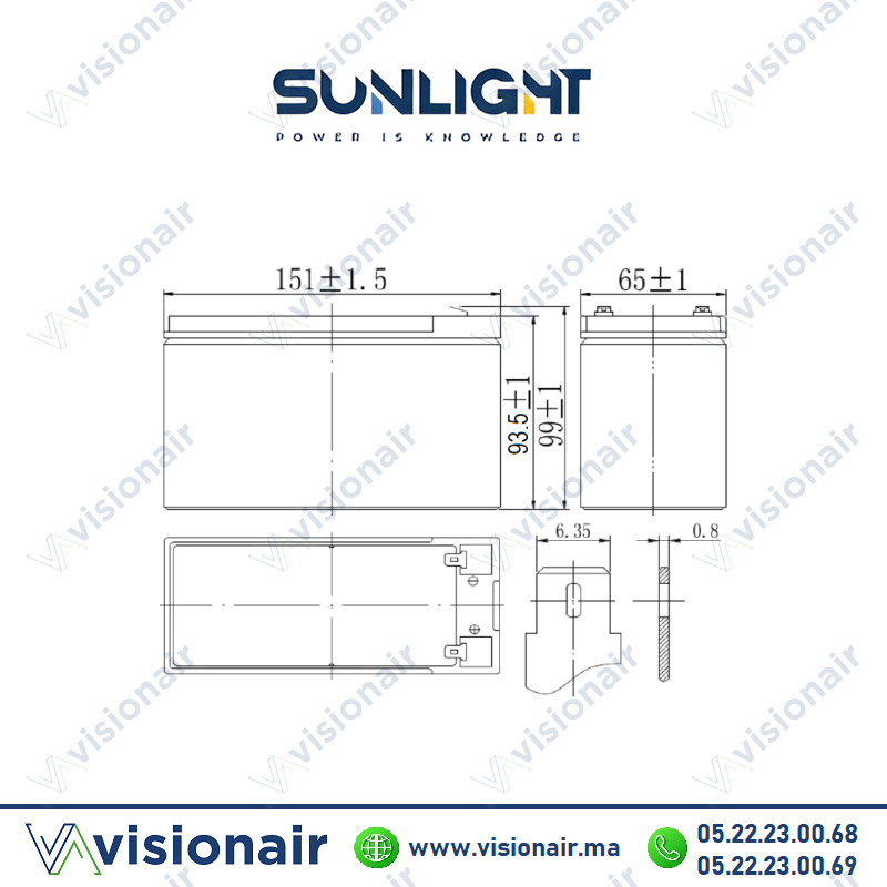 Batterie SUNLIGHT 12V 9AH 48W SPHR étanche VRLA AGM Casablanca Maroc