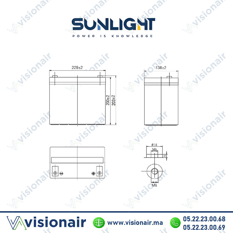 Batterie onduleur SUNLIGHT 12V 58AH 260W SPHR étanche VRLA AGM Casablanca Maroc