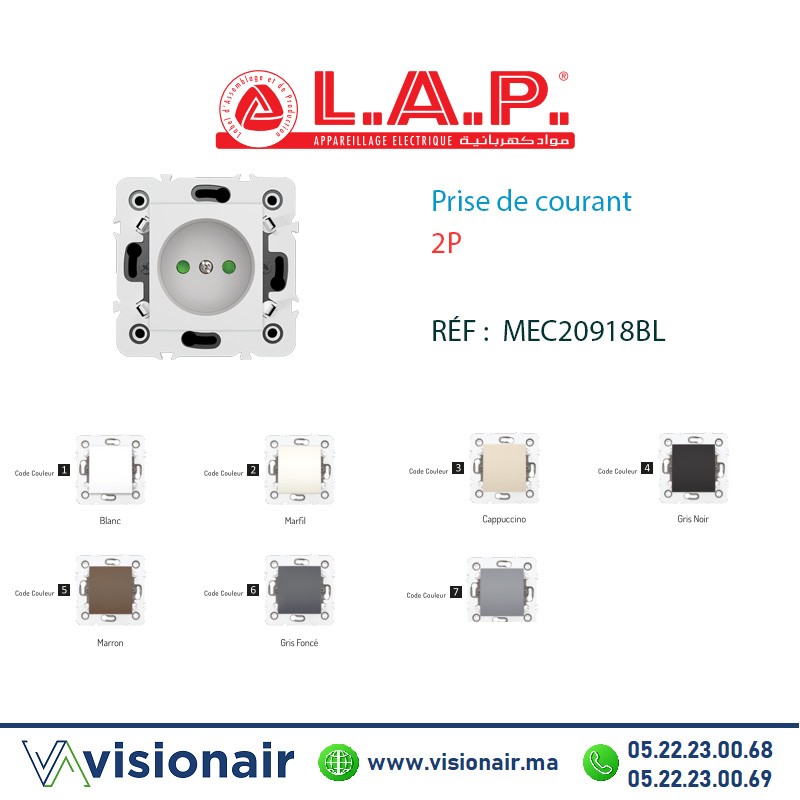 [LAP20918BL1] Prise de courant 2P blanc LAP Millenium 20918BL1