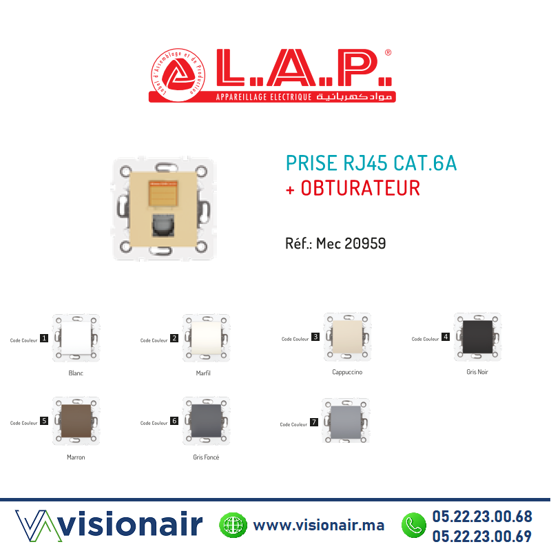 [LAP20961] Prise RJ45 CAT7 + obturateur LAP MILLENIUM