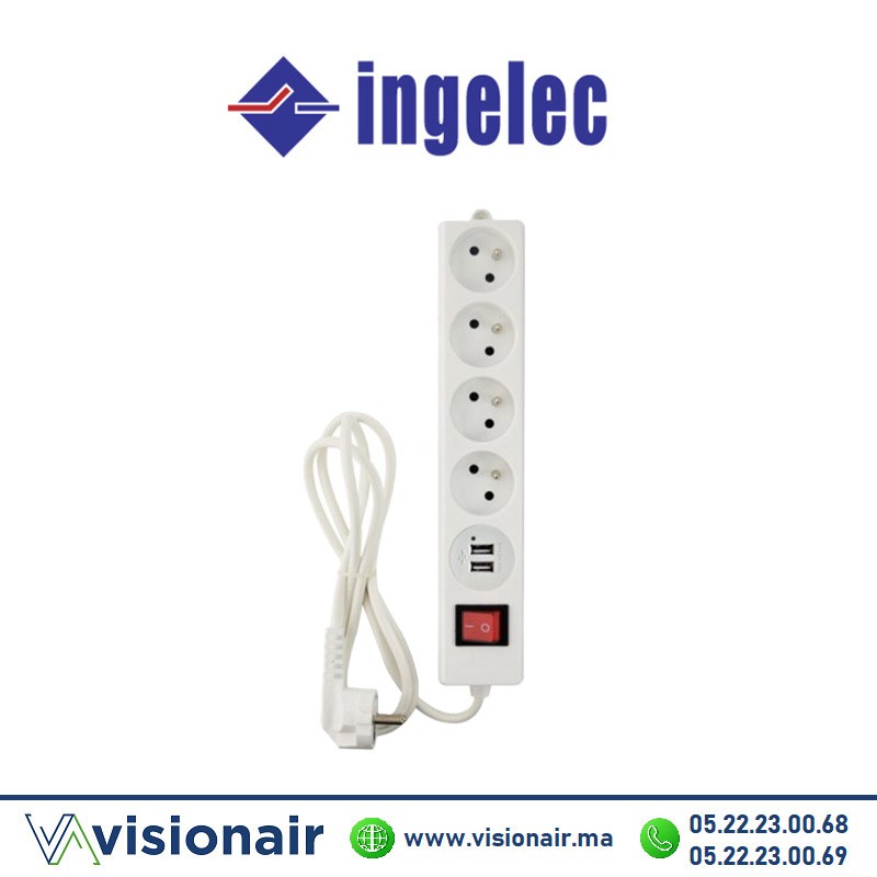 [ING1714U/1] Multiprise 4 prises INGELEC 2P+T 1,5m avec interrupteur + 2 ports USB blanc