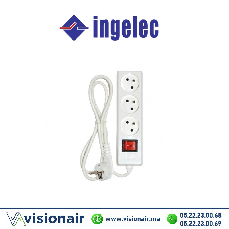 [ING1545] Multiprise carré 3 prises INGELEC 2P+T 1,5m avec interrupteur blanc