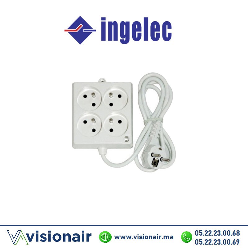 [ING1546] Multiprise carré 4 prises INGELEC 2P+T 1,5m sans interrupteur blanc