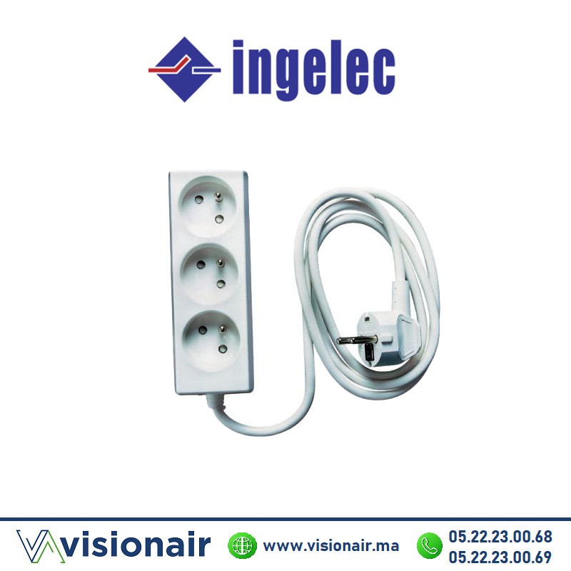 [ING1536] multiprise 3 prises INGELEC 2p+T 1,5m sans interrupteur blanc