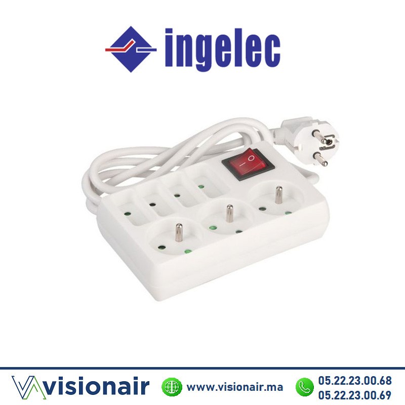 [ING1727] Multiprise 7 prises INGELEC 4x2P + 3x2P+T 1,5m avec interrupteur blanc