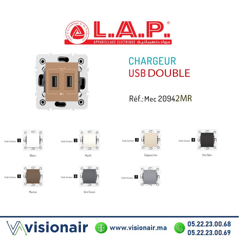 [LAP20942MR5] Chargeur USB double LAP Millenium Marron 20942MR5