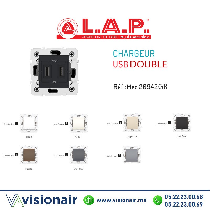 [LAP20942GRN4] Chargeur USB double LAP Millenium  Gris Noir 20942GRN4