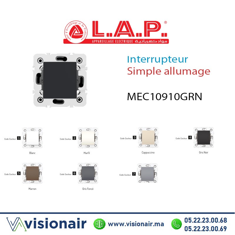 [LAP10910MRN4] Interrupteur Simple allumage Gris Noir LAP Millenium 10910MRN4