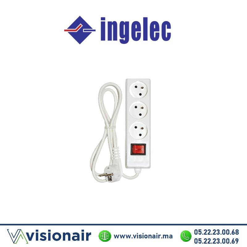 [ING1713/1] Rallonge multiprise INGELEC 3 prises 2P+T 1,5m avec interrupteur blanc