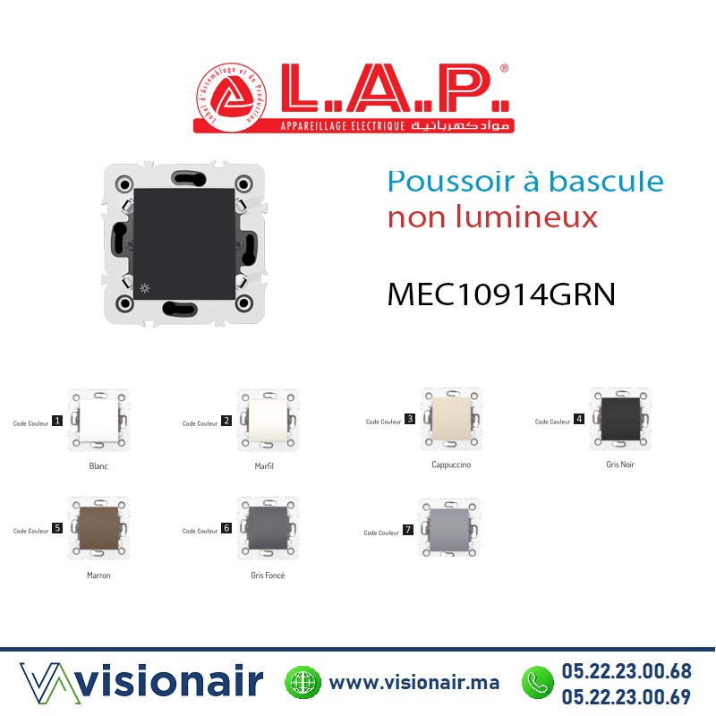 [LAP10914MRN4] Poussoir à bascule non lumineux LAP Millenium GRIS Noir 10914MRN4