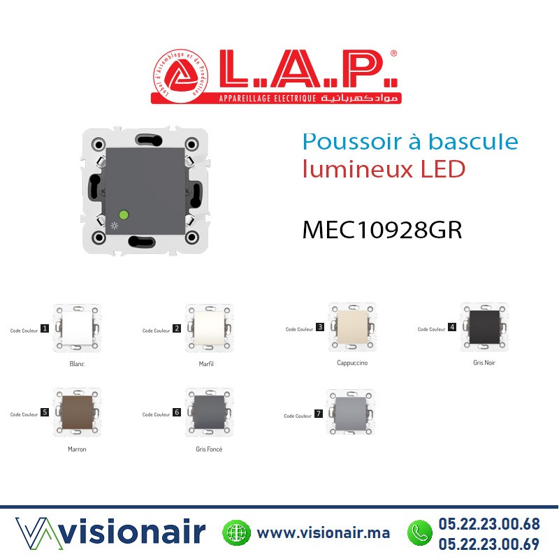 [LAP10928GR6] Poussoir à bascule  lumineux LAP Millenium Gris foncé 10928GR6
