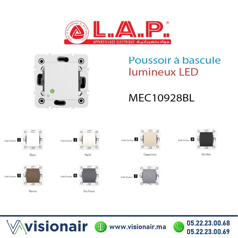 [LAP10928BL1] Poussoir à bascule  lumineux LAP Millenium blanc 10928BL1