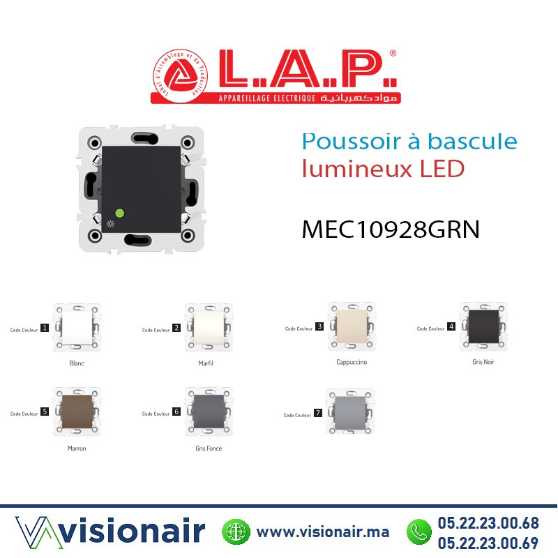 [LAP10928GRN4] Poussoir à bascule  lumineux LAP Millenium Gris Noir 10928GRN4