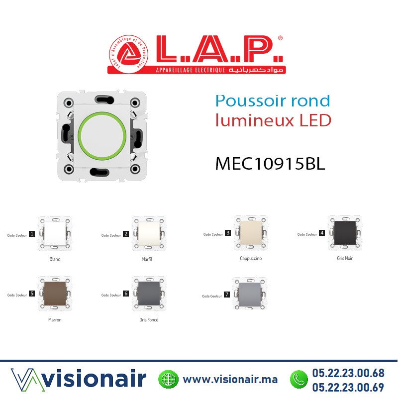 [LAP10915BL1] Poussoir rond lumineux LED LAP Millenium blanc 10915BL1