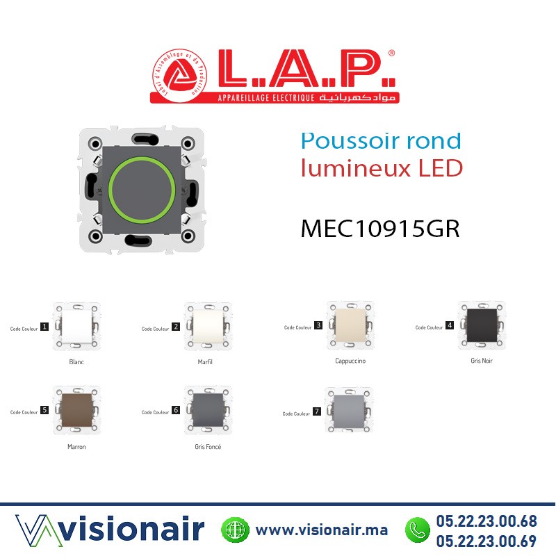 [LAP10915GR6] Poussoir rond lumineux led LAP Millenium Gris foncé 10915GR6