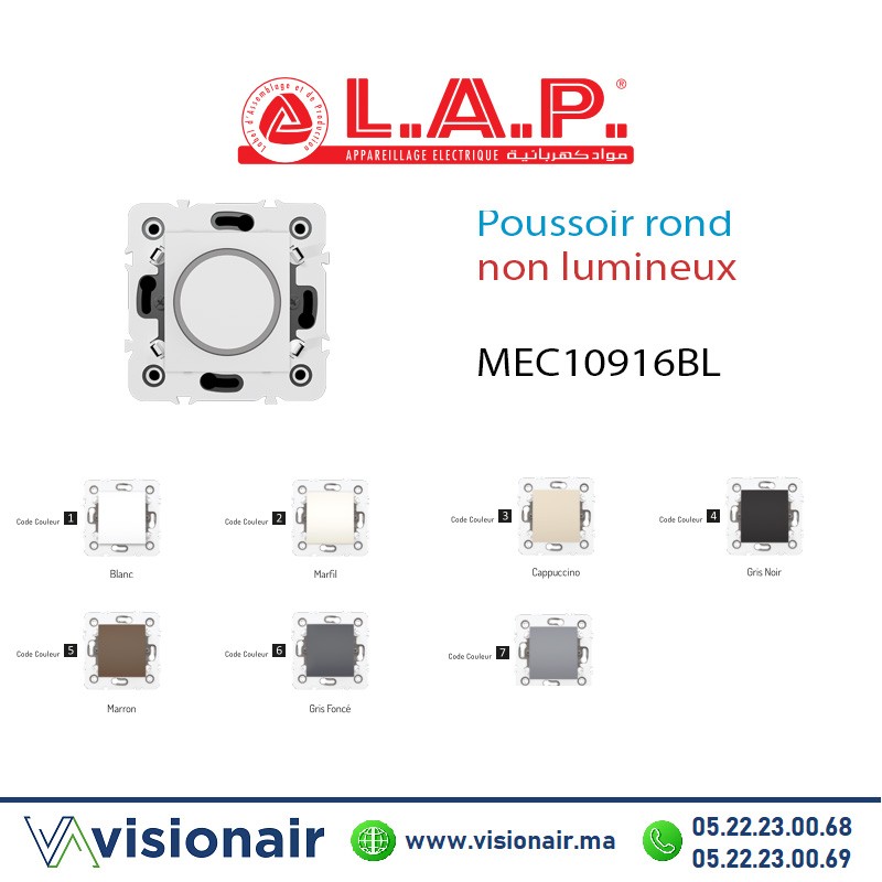 [LAP10916BL1] Poussoir rond  non lumineux LAP Millenium blanc 10916BL1
