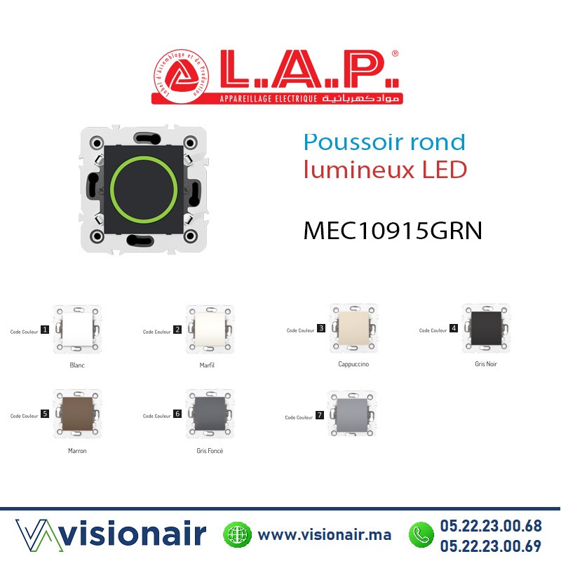 [LAP10915GRN4] Poussoir rond lumineux  LAP Millenium Gris noir 10915GRN4