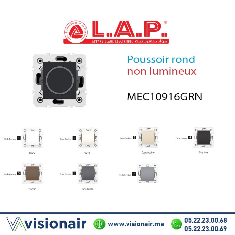 [LAP10916GRN4] Poussoir rond non lumineux LAP Millenium Gris noir 10916GRN4