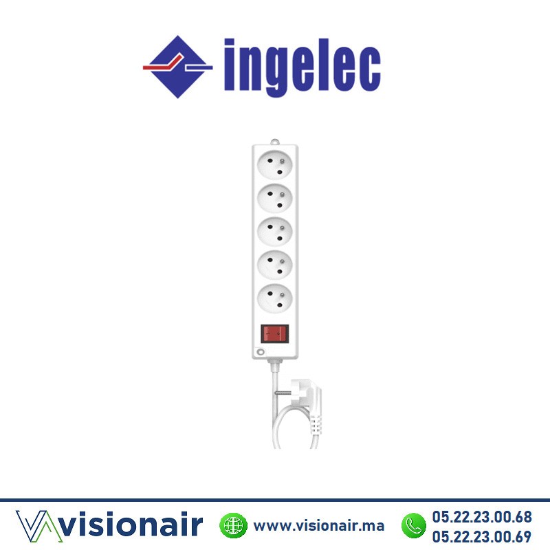 [ING1715/1] Rallonge multiprise INGELEC 5 prises 2P+T 1,5m avec interrupteur blanc