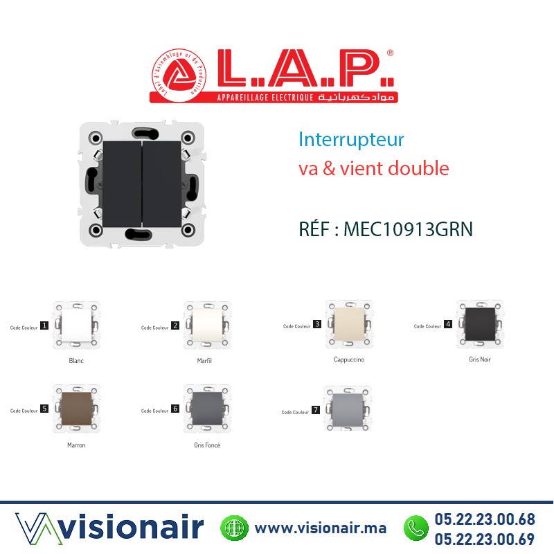[LAP10913GN4] Interrupteur VA & Vient double GRIS Noir LAP Millenium 10913GN4