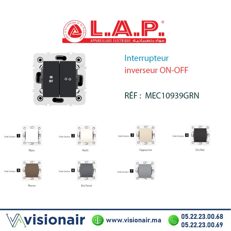 [LAP10939GRN5] Interrupteur inverseur ON-OFF Gris noir LAP Millenium 10939GRN5