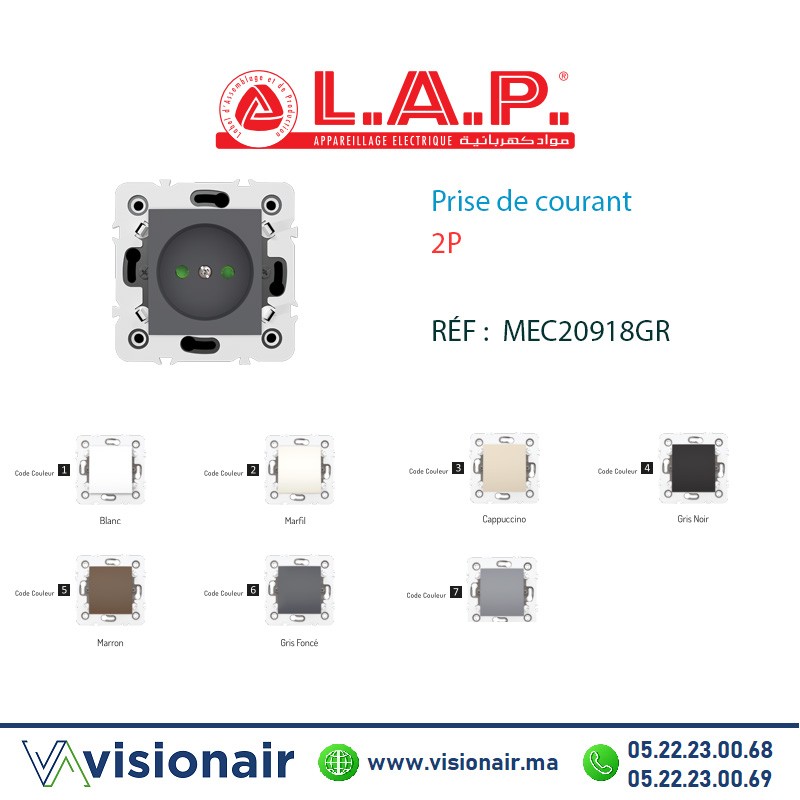 [LAP20918GR6] Prise de courant 2P Gris foncé LAP Millenium 20918GR6