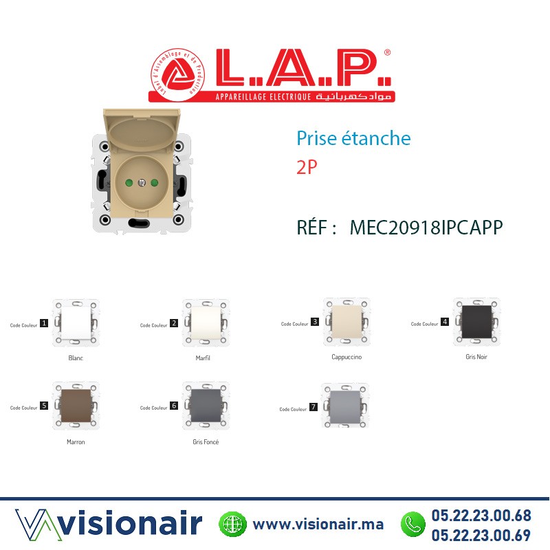 [LAP20918IPCAP3] Prise étanche 2P LAP Millenium Cappuccino 20918IPCAP3
