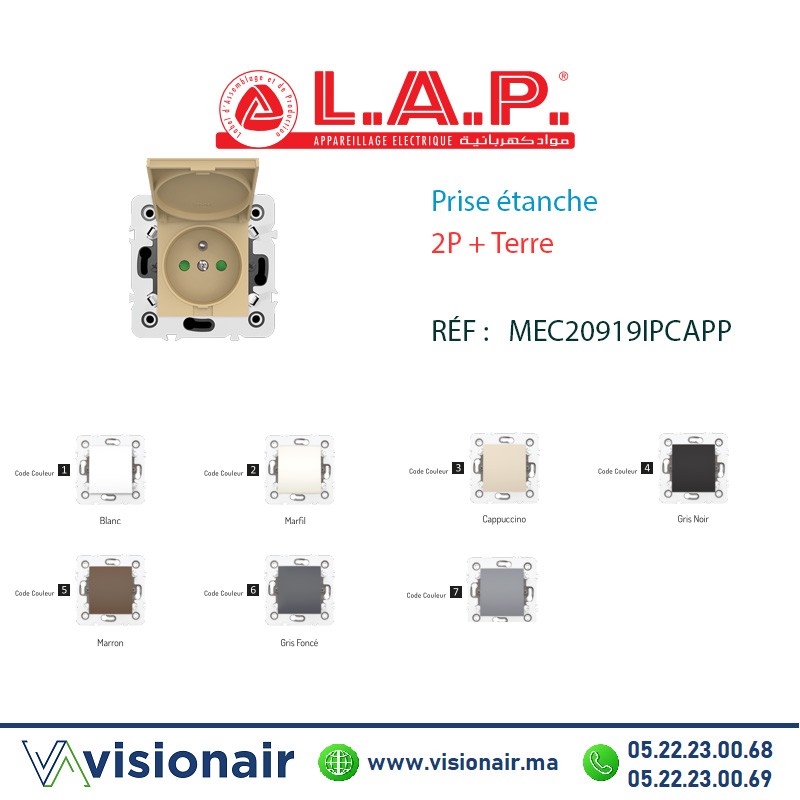 [LAP20919IPCAP3] Prise étanche 2P+Terre Cappuccino LAP Millenium LAP20919IPCAP3
