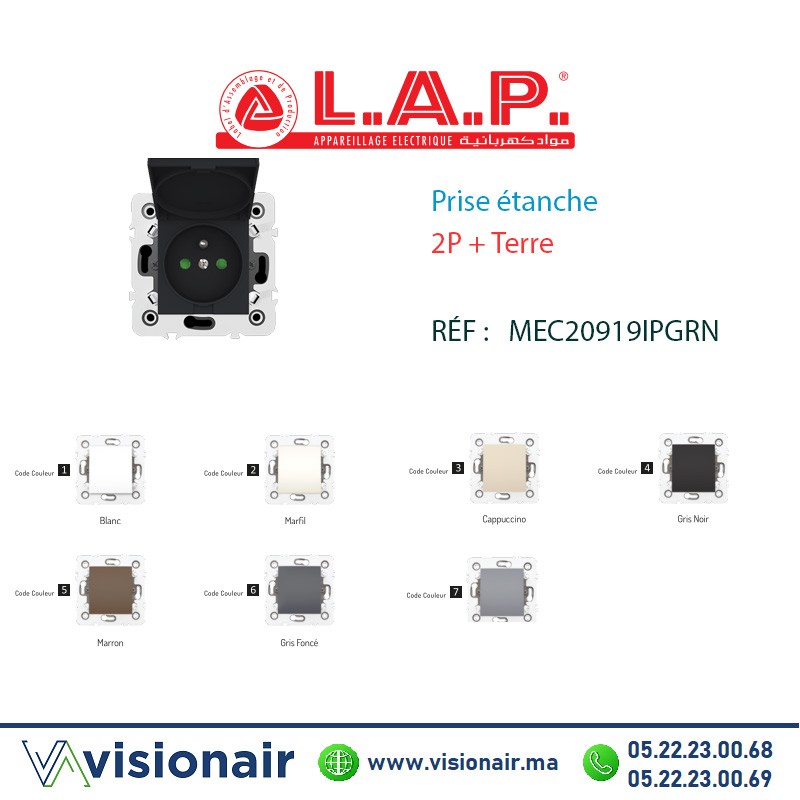 [LAP20919IPGRN4] Prise étanche 2P+Terre Gris noir LAP Millenium LAP20919IPGRN4