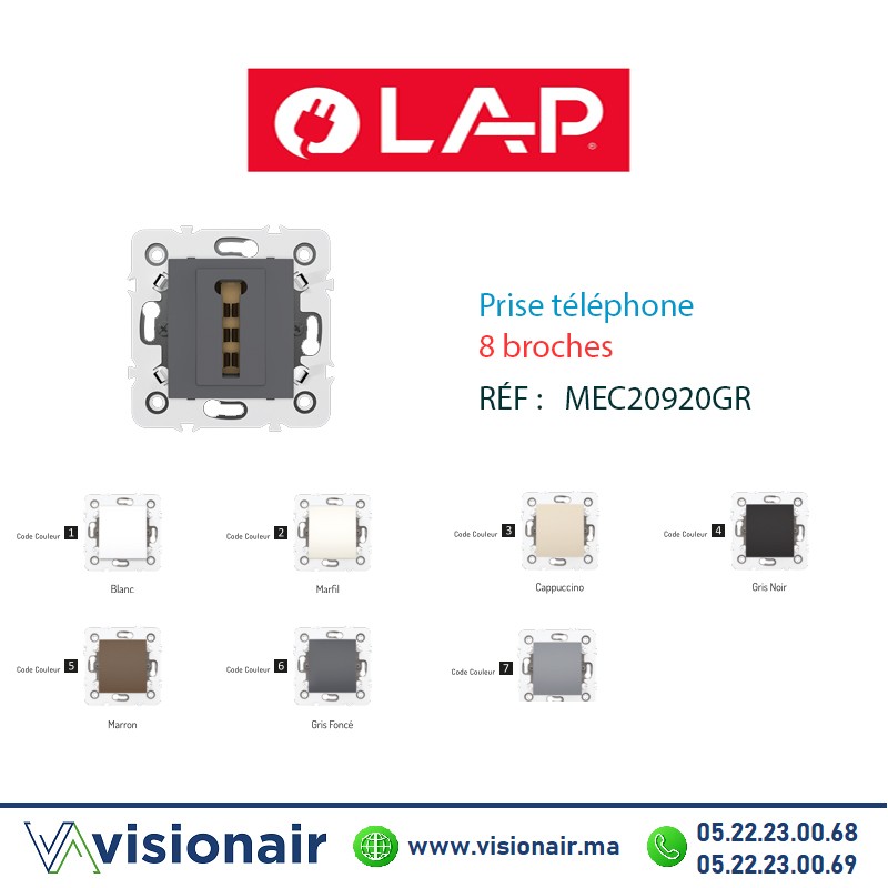 [20920GR6] Prise téléphone 8 broches LAP MILLENIUM Gris foncé 20920GR6