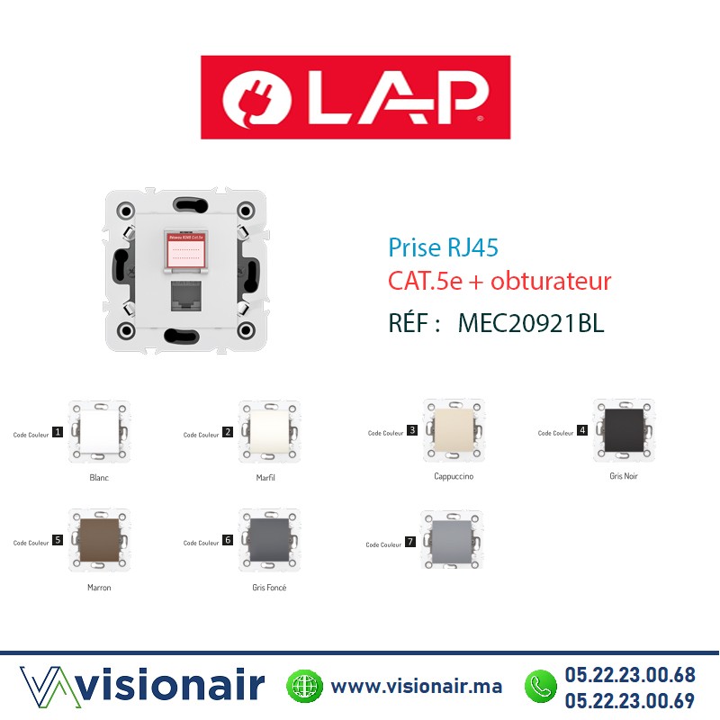 [20921BL1] Prise RJ45 CAT.5e + obturateur blanc LAP MILLENIUM  20921BL1