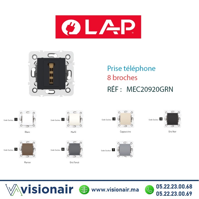 [20920GRN4] Prise téléphone 8 broches LAP MILLENIUM Gris noir 20920GRN4