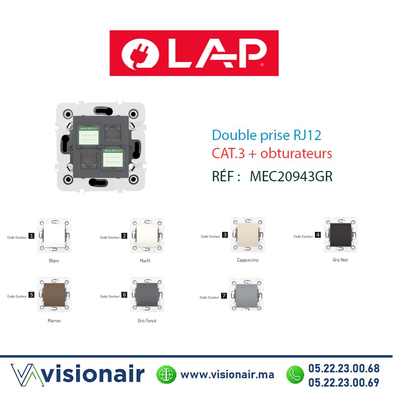 [20943GR6] Double prise RJ12 CAT3 + obturateur Gris foncé LAP MILLENIUM 20943GR6