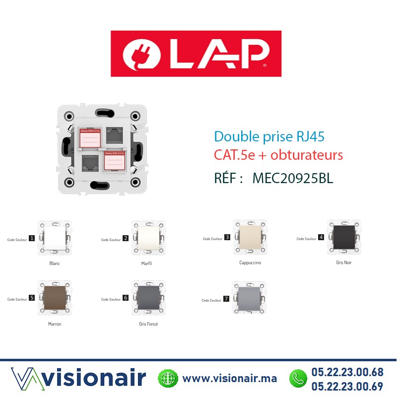 [20925BL1] Double prise RJ45 CAT.5e + obturateurs blanc LAP Millenium 20925BL1