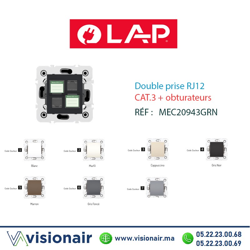 [20943GRN4] Double prise RJ12 CAT3 + obturateur Gris noir LAP MILLENIUM 20943GRN4