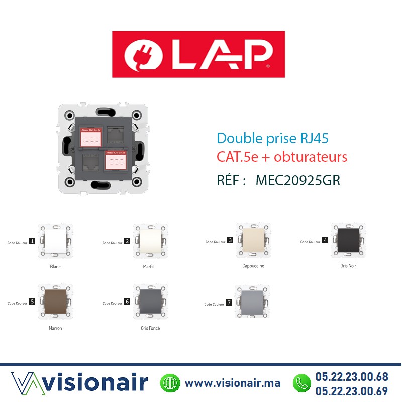 [20925GR6] Double prise RJ45 CAT.5e + obturateurs Gris foncé LAP Millenium 20925GR6