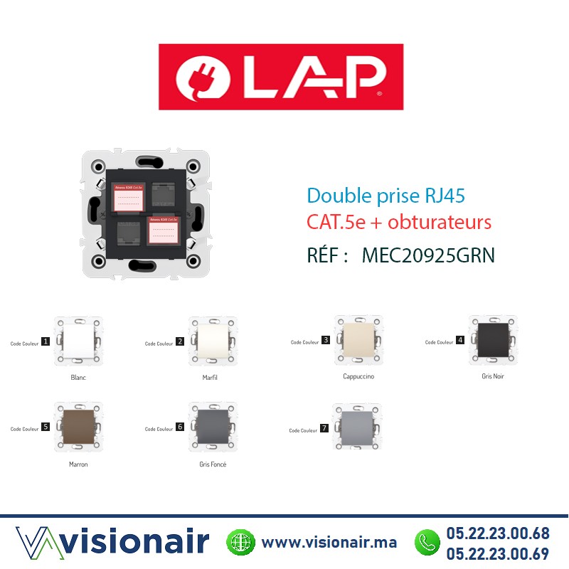[20925GRN4] Double prise RJ45 CAT.5e + obturateurs Gris noir LAP Millenium 20925GRN4