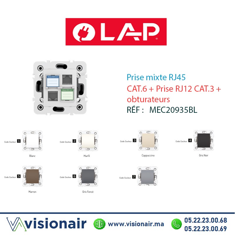 [LAP20935BL1] Prise mixte RJ45 CAT.6+Prise RJ12 CAT.3 obturateurs blanc LAP Millenium 20935BL1