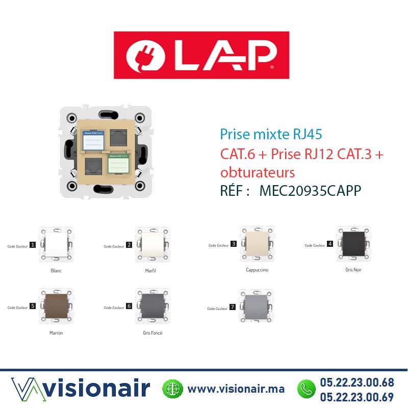 [20935CAPP3] Prise mixte RJ45 CAT.6+Prise RJ12 CAT.3 obturateurs Cappuccino LAP Millenium 20935CAPP3