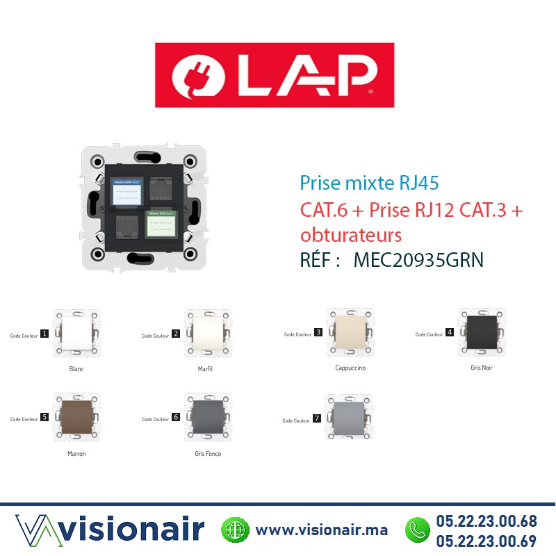 [20935GRN4] Prise mixte RJ45 CAT.6+Prise RJ12 CAT.3 obturateurs Gris foncé  LAP Millenium 20935GRN4