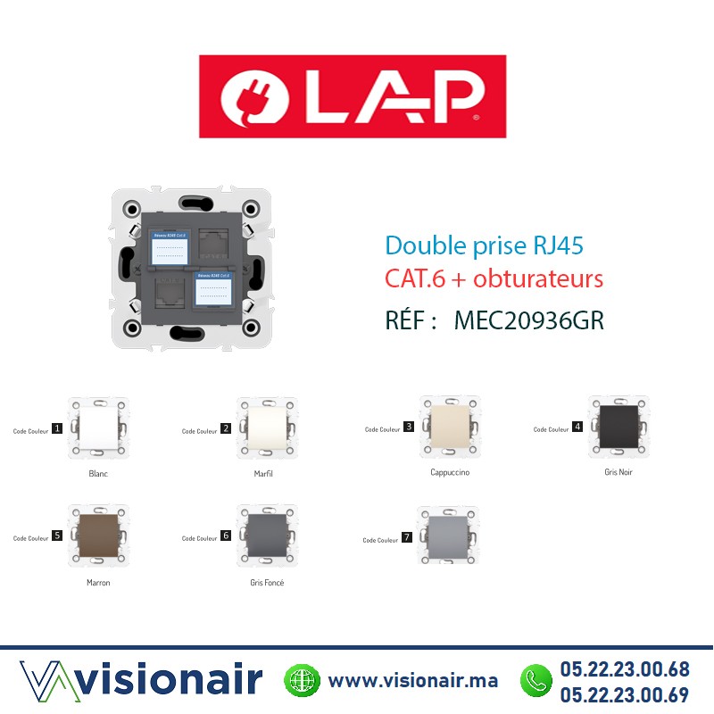[20936GR6] Double prise RJ45 CAT.6 + obturateurs Gris foncé LAP Millenium  20936GR6