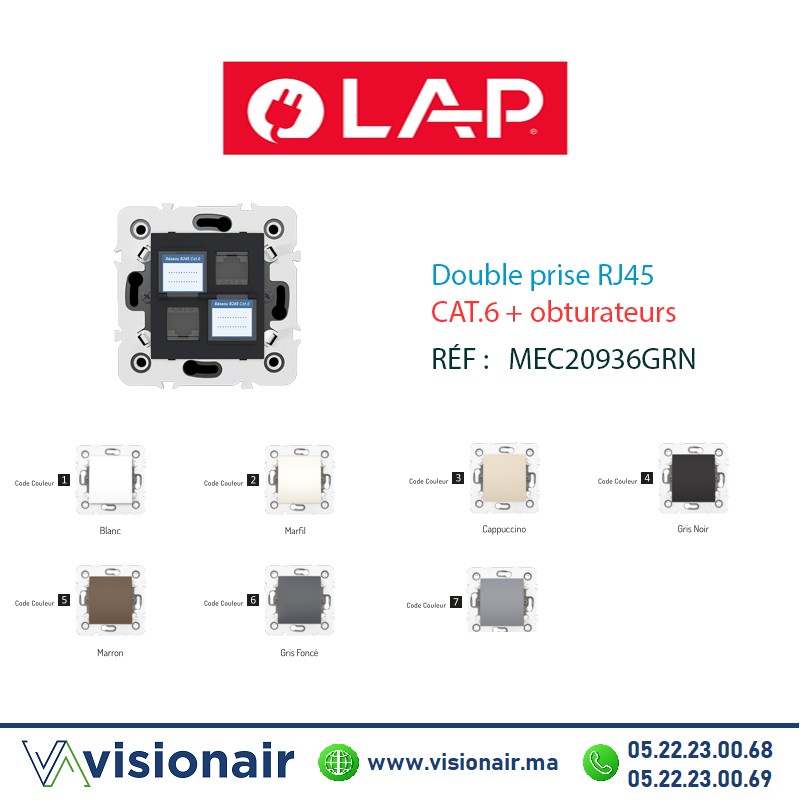 [20936GRN4] Double prise RJ45 CAT.6 + obturateurs Gris Noir LAP Millenium  20936GRN4