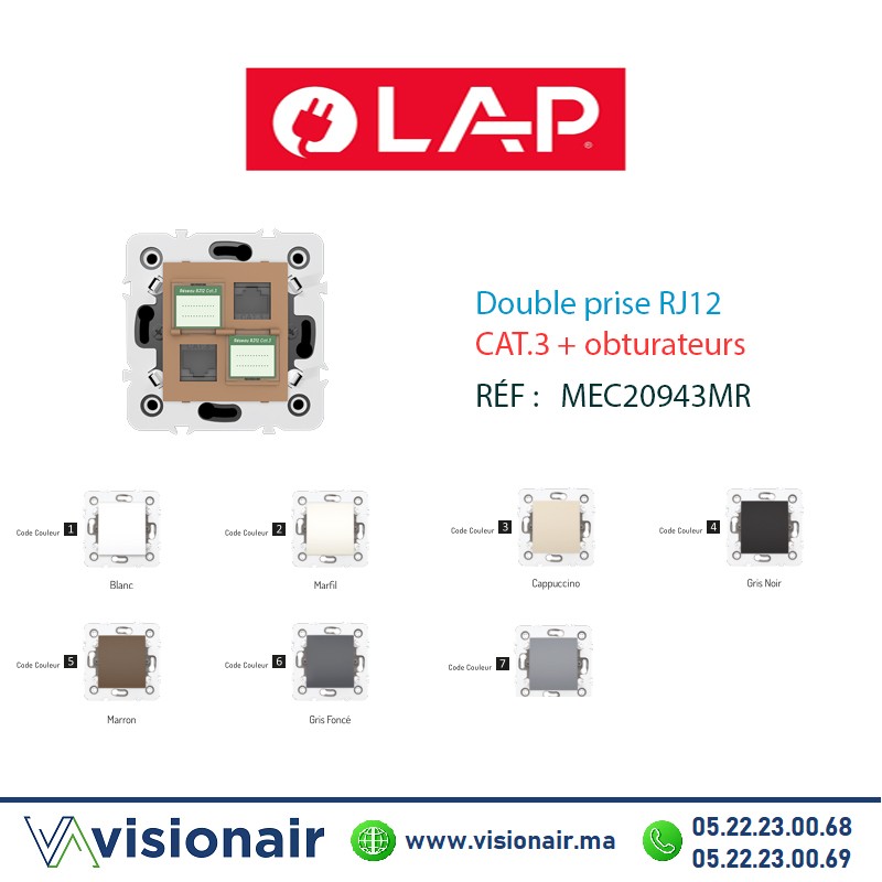 [20943MR5] Double prise RJ12 CAT.3 + obturateurs marron LAP Millenium 20943MR5
