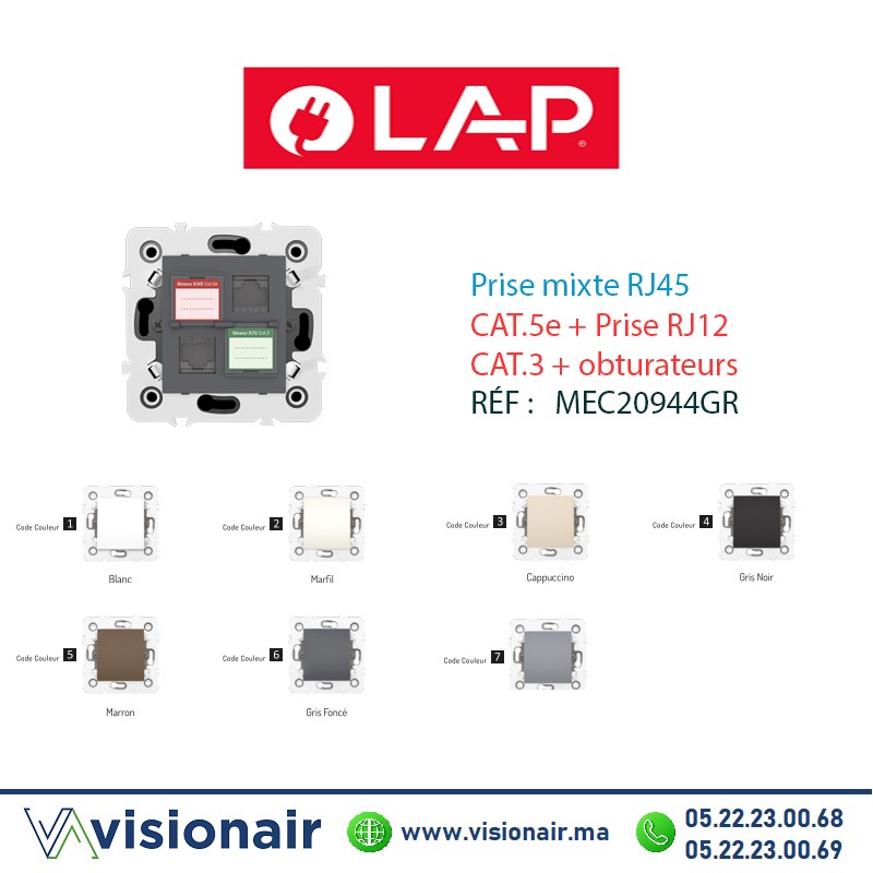 [20944GR6] Prise mixte RJ45 CAT.5e + Prise RJ12 CAT.3 + obturateurs Gris foncé LAP Millenium 20944GR6