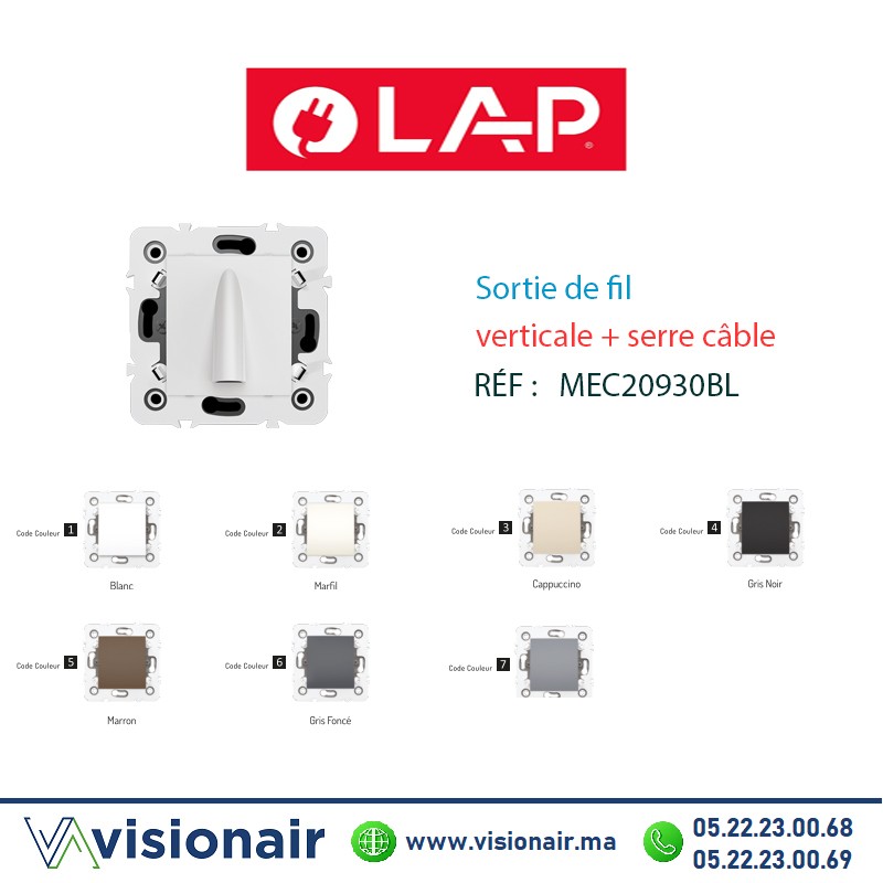 [20930BL1] Sortie de fil verticale + serre câble blanc LAP Millenium 20930BL1